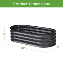 Charcoal oval raised metal garden bed planter with slatted base and side ridges