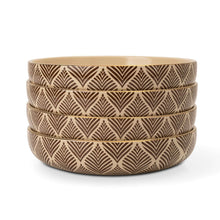 Stoneware low bowls, stacked set, beige with leaf geometric banded pattern