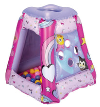 Inflatable ball pit playland with multicolor balls and blue star design, pink and lavender
