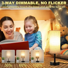 Touch table lamp with warm linen drum shade and black base