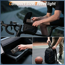 Cordless portable tire inflator inside a compact carrying bag