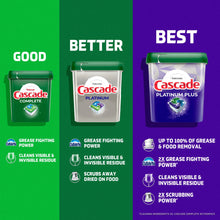 Cascade Platinum dishwasher detergent pods comparison panel, three tubs, better grease removal claim