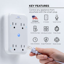 Smart 4-outlet wall extender showing four receptacles and blue status light