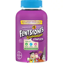 Children's multivitamin gummies bottle, purple with blue cap; Flintstones Complete front