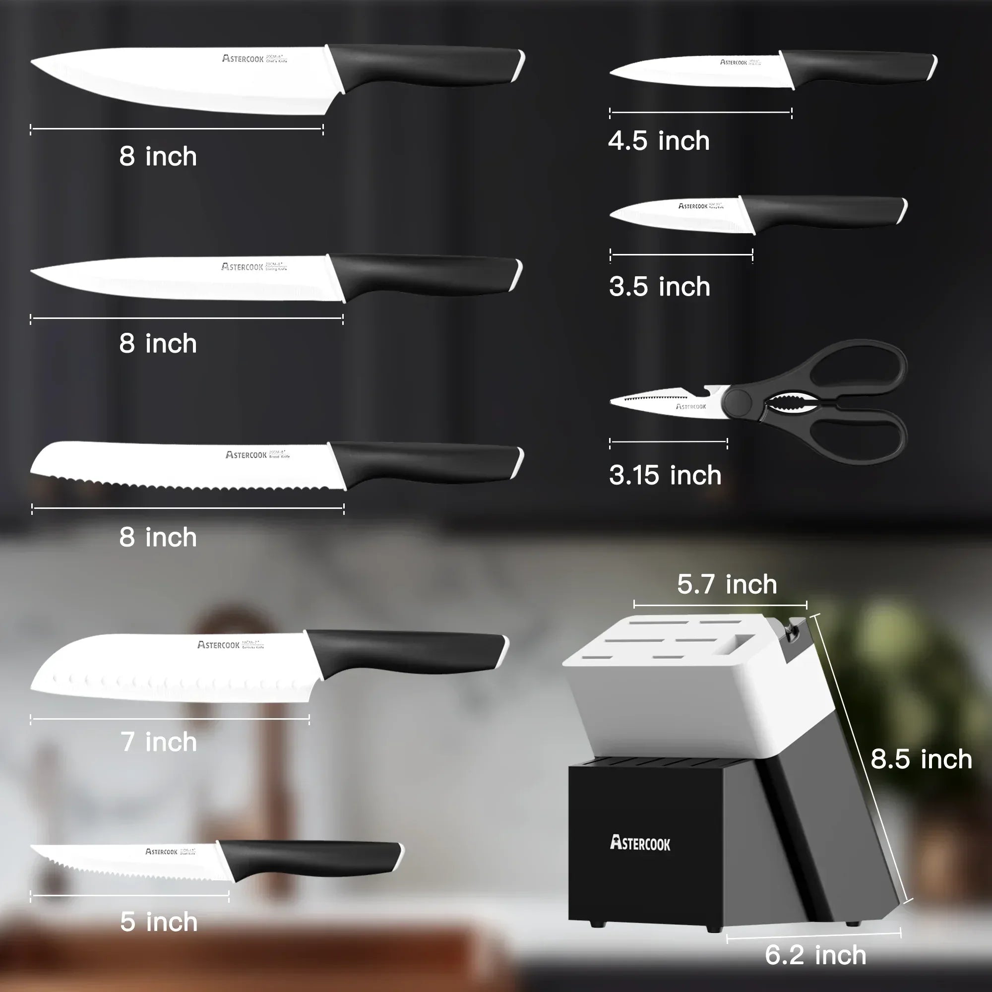 Astercook Knife Set, 14 Pieces Kitchen Knives Set with Healthy Anti-Rust Coating, Stainless Steel Knife Sets with Built-in Sharpener, Sharp & Rust Resistant Dishwasher Safe - USA MEGA SHOP
