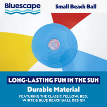 Small inflatable beach ball in red, white, yellow, and blue with blue valve