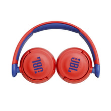 Red kids wireless on-ear headphones with blue headband and JBL logo on earcups
