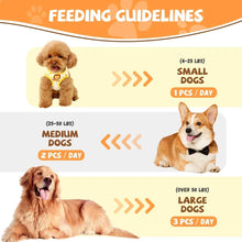 Dog feeding guidelines for sweet potato and chicken bite treats with size categories