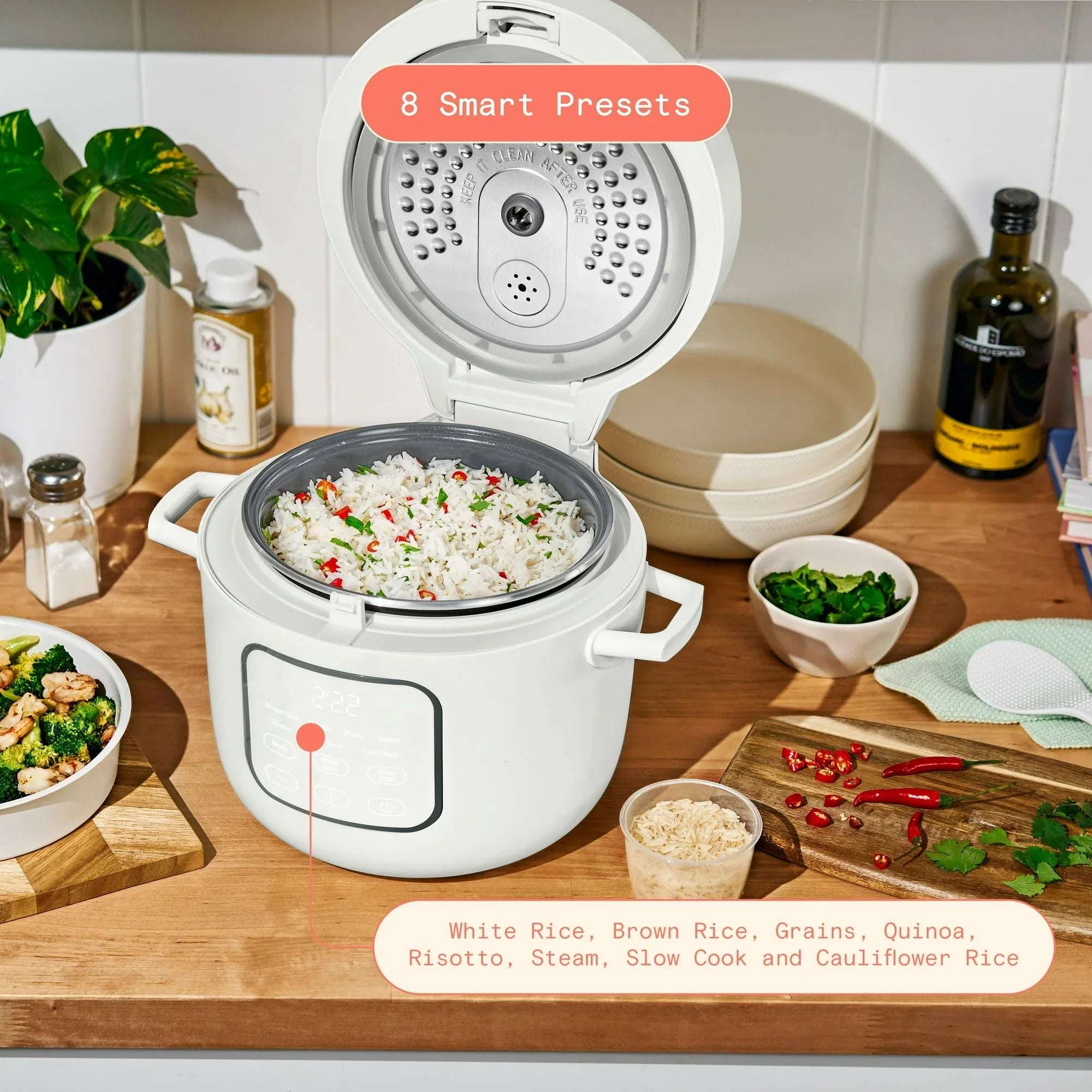 Beautiful 14-Cup Cooked, 6-Cups Uncooked Electric Rice and Grain Cooker, EverGood™ Ceramic Nonstick Coating, by Drew Barrymore