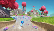 Robot character running through an outdoor area with colorful plants and debris