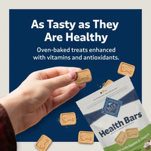 Hand holding square dog biscuits with Blue Buffalo Health Bars pouch