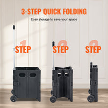 Foldable shopping cart shown in 3 steps, telescopic handle and caster wheels