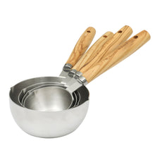 Stainless steel measuring cups with olivewood handles, four-piece nested set