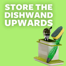 Dishwand refill head and stand with utensils, green scouring pad on display