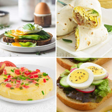 Assorted egg meals with poached eggs, greens, and toast on plates