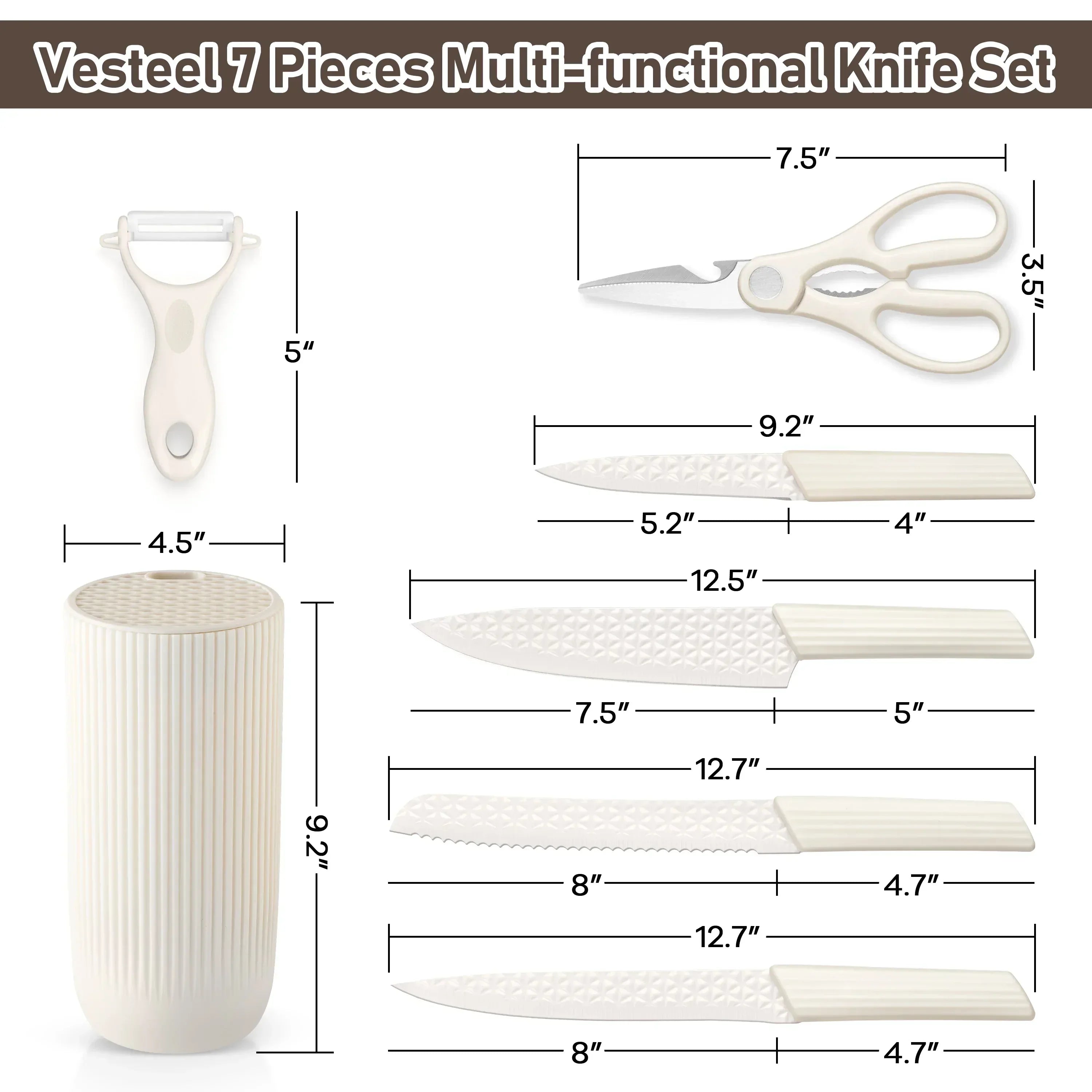 Vesteel Kitchen Knife Set of 7, Professional Stainless Steel Knives Set for Kitchen with Universal Knife Block - Khaki - USA MEGA SHOP