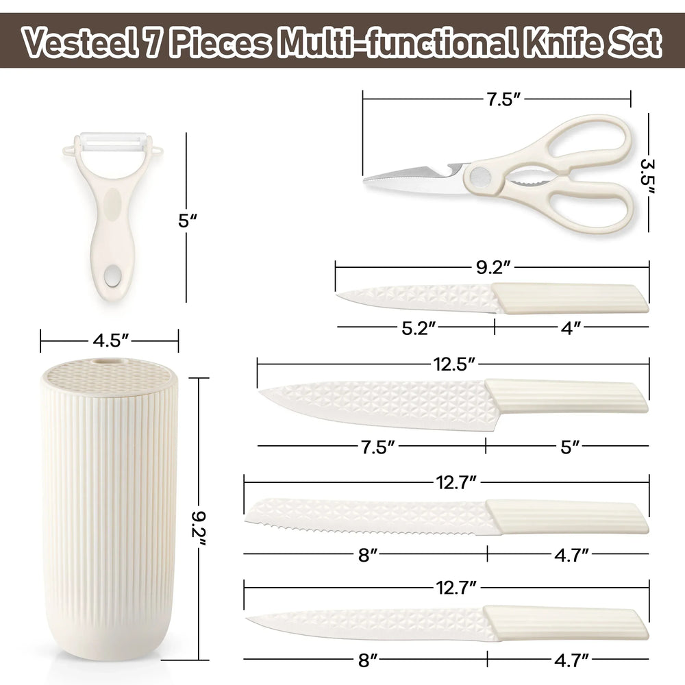 Vesteel Kitchen Knife Set of 7, Professional Stainless Steel Knives Set for Kitchen with Universal Knife Block - Khaki - USA MEGA SHOP