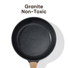Nonstick frying pan with black speckled granite-look interior and wooden handle