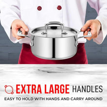 Stainless steel stockpot with lid held by two hands, two side handles