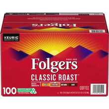 Folgers Classic Roast coffee pod box with Keurig logo, 100-count