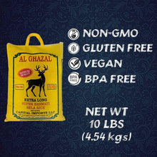 Extra long basmati rice bag with Non-GMO, gluten-free, vegan and BPA-free icons.