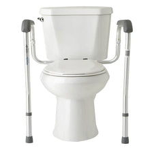 Medline toilet safety rails with gray arm pads and white frame, two upright supports
