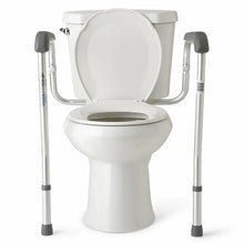 Medline toilet safety rails with gray arm pads around toilet, white frame