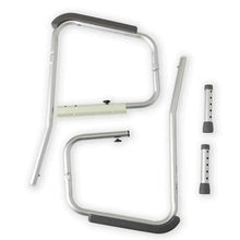 Toilet safety rails set with curved metal U-frame and padded hand supports