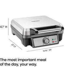 4-slice Belgian waffle maker in silver and black with front temperature control dial