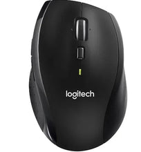 Black computer mouse with central scroll wheel and lime indicator light