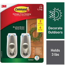 Command damage-free brushed nickel metal hooks, 2 hooks and 4 strips package