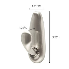Brushed metal hanging hook dimensions: 1.31 in W, 1.25 in D, 3.25 in L