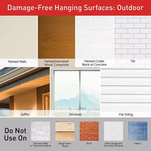 Outdoor damage-free hanging surfaces chart for walls, siding, brick, tile