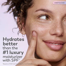 Hydrating SPF face moisturizer shown on cheek and smile, untouched