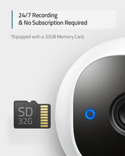 White wired security camera with blue status light and SD 32G card icon