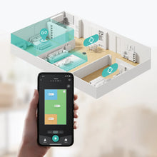 Smartphone app screen showing robot vacuum mapping, held by hand in living room