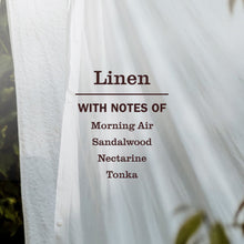 Linen fabric with scent notes: Morning Air, Sandalwood, Nectarine, Tonka.