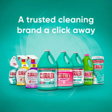 Cloralen no-splash bleach bottles in a row, teal bottle shapes with colorful labels