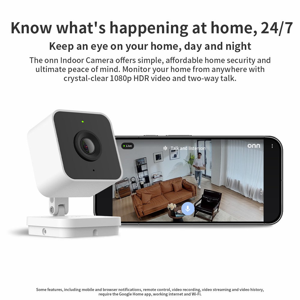 onn Indoor Camera Wired, 1080p HDR Video, with Google Home and Gemini ‚Äì Search Video History, Event Descriptions