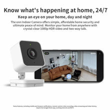 Wired indoor security camera with front lens and connected live view display