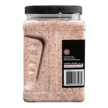 Jar of fine Himalayan pink salt with barcode label and Learn more details