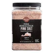 Jar of fine Himalayan pink salt with black label and Wellsley Farms branding