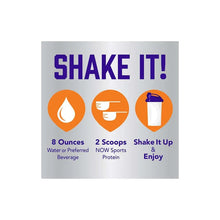 NOW Sports Shake It! serving guide panel with 8 ounces water and scoops