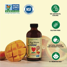 Liquid vitamin C bottle with mango and orange fruit, Natural Orange flavor, black cap