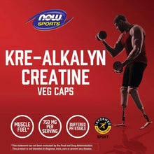 NOW Sports Kre-Alkalyn creatine veg caps promo panel with icons, 750 mg