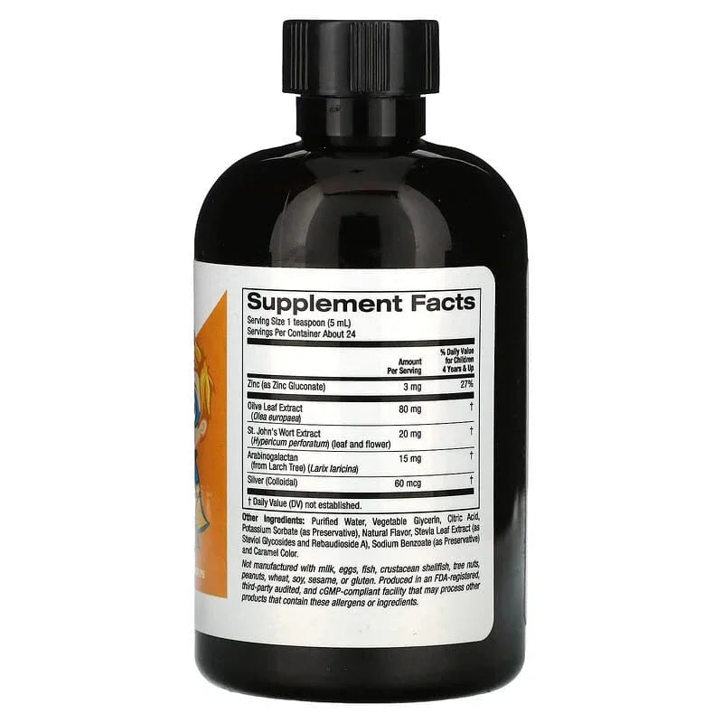 California Gold Nutrition, Liquid Immune Blend with Olive Leaf Extract, St. John's Wort Extract and Colloidal Silver for Children, No Alcohol, Orange, 4 fl oz (118 ml) - USA MEGA SHOP