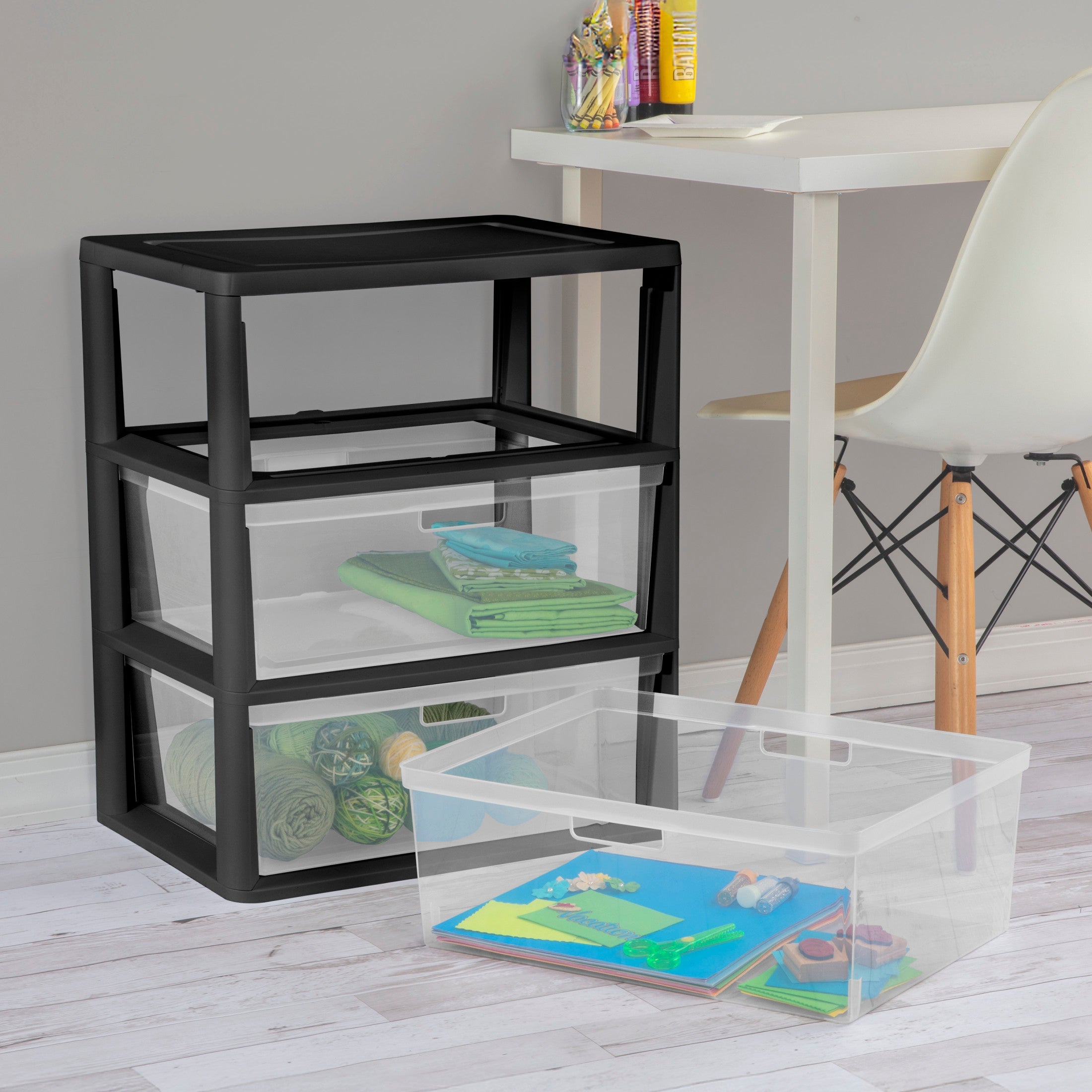 Sterilite Wide 3 Drawer Tower, Plastic Storage Organizer with Removable Clear Bins, Easy to Assemble - No Tools Needed, Black