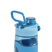 Blue Tritan water bottle with flip-top lid and carry handle; integrated silicone sleeve