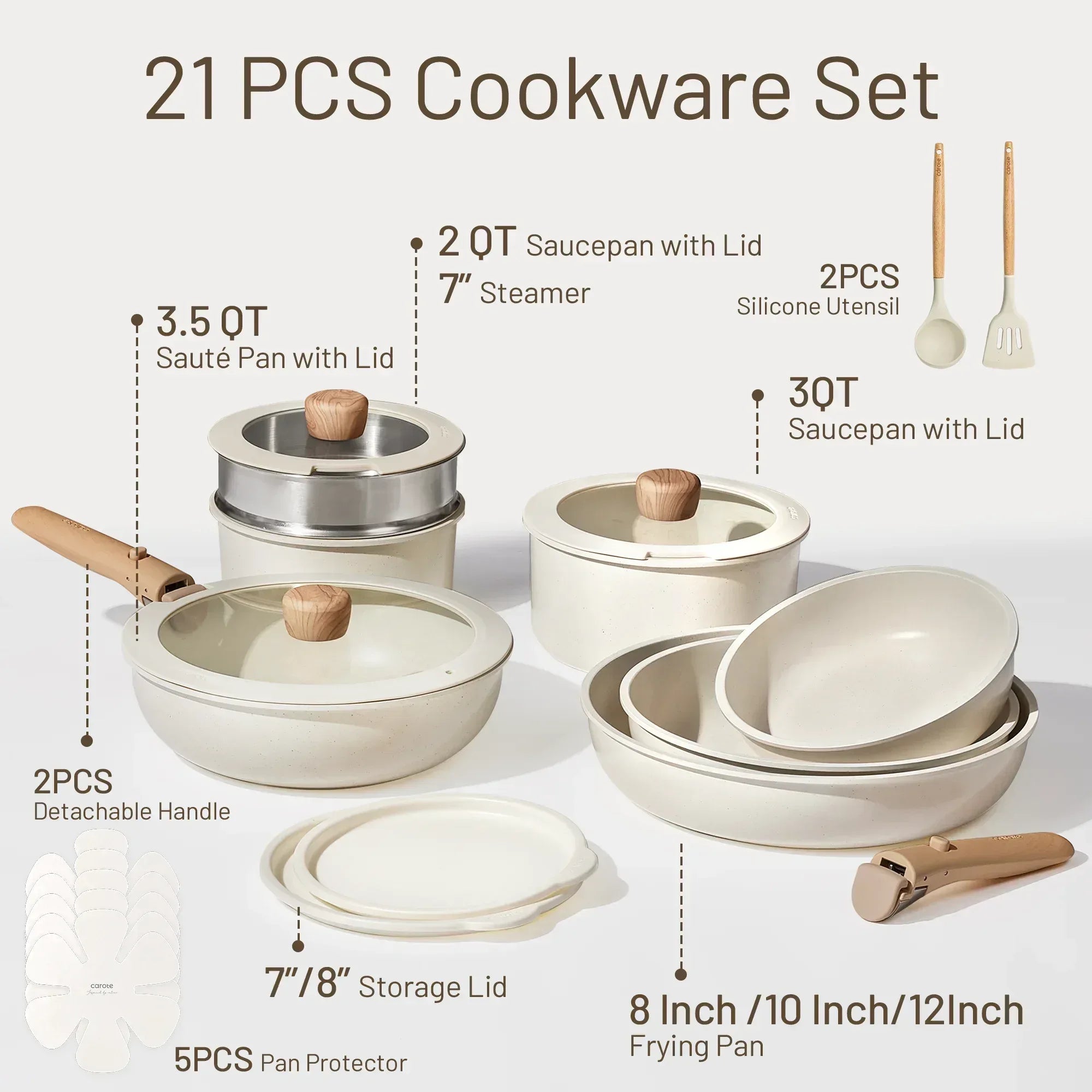 Carote 21 Pcs Nonstick Cookware Set, Pots and Pans Set with Detachable Handles, Oven/Dishwasher Safe, Stackable Kitchen Cooking Set, Granite