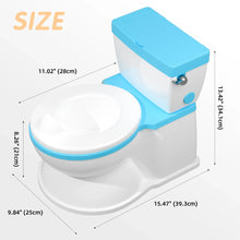 Blue toddler potty training toilet, side view with dimension labels